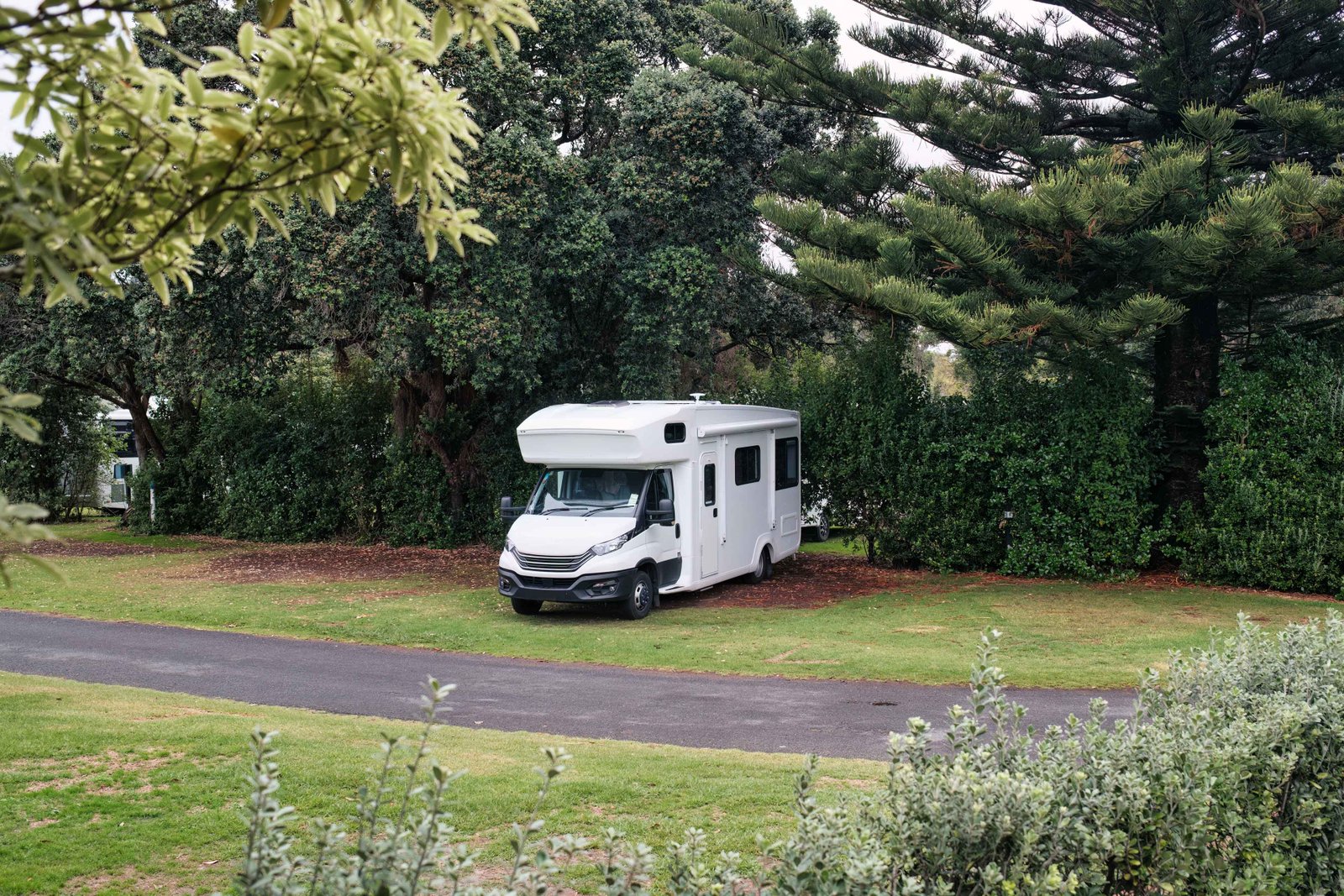 motorhome parked to charge battery on the campgrounds