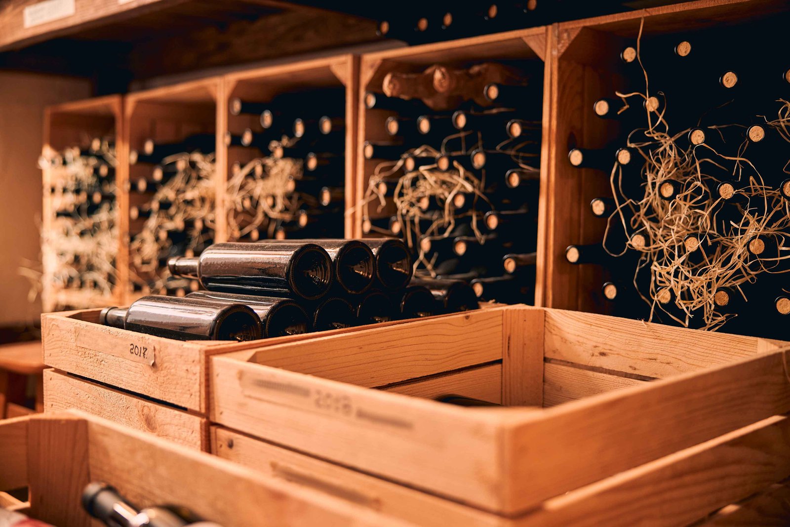 wine boxes stored in racks at longley corners wine storage
